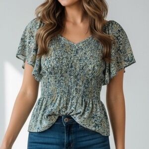 Vtg Angie V-Neck Smocked Waist Flutter Sleeve Peasant Top Small